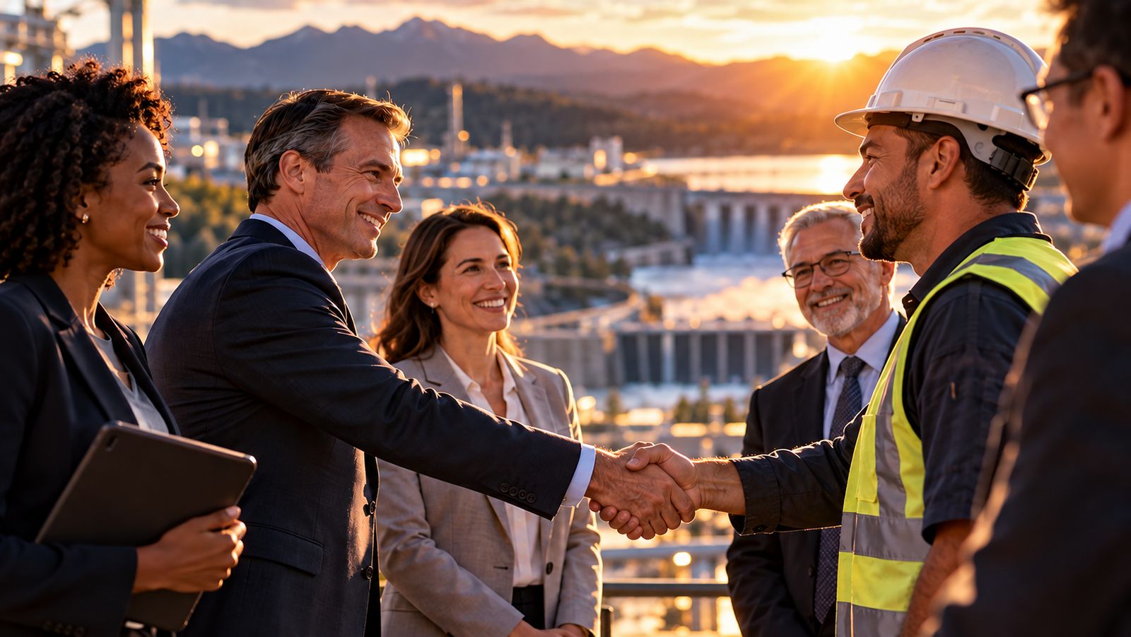 Business leaders, a utility engineer in a hard hat, and community representatives shaking hands outdoors at sunset.
