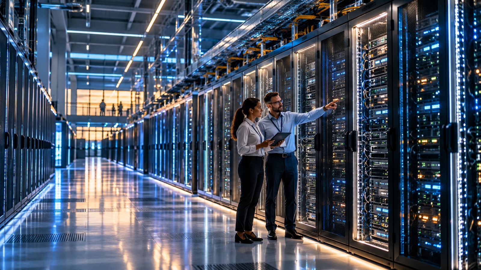 Two professionals reviewing server racks in a long, brightly lit data center aisle.