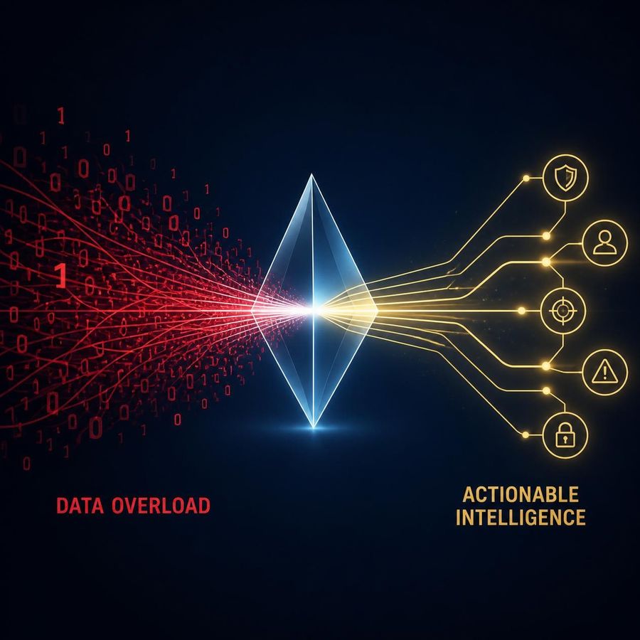 Graphic: a stream of red raw data labeled Data Overload passes through a prism and emerges as gold lines labeled Actionable Intelligence.